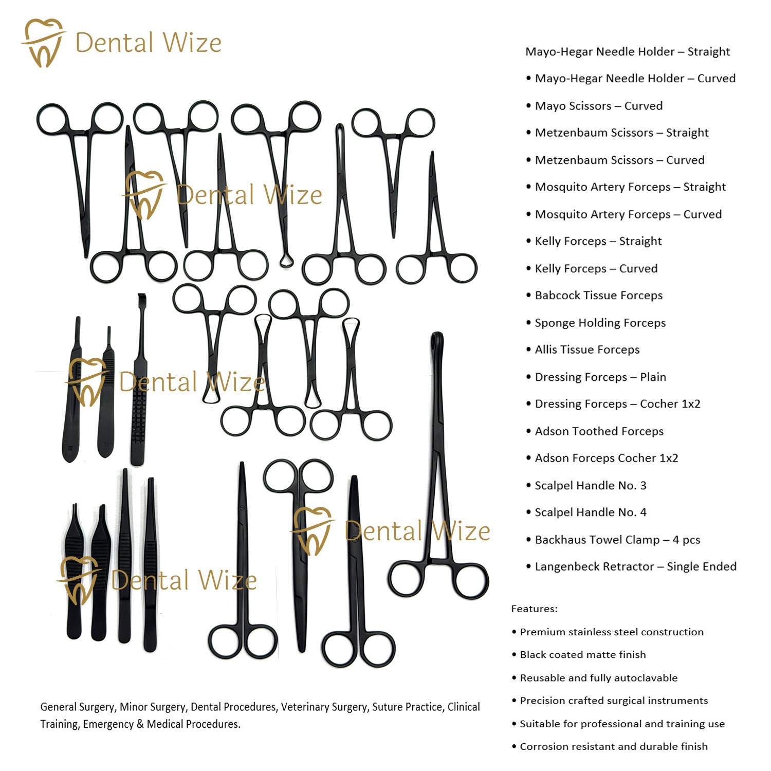 General Surgery Instrument Set Black Coated Mayo Hegar Scissors Forceps