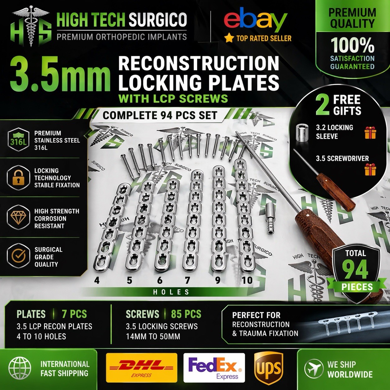 3.5mm Recón Lockíng Plates 4-10H w/ LCP Screws + Driver + LCP Sleeve (94 pcs)