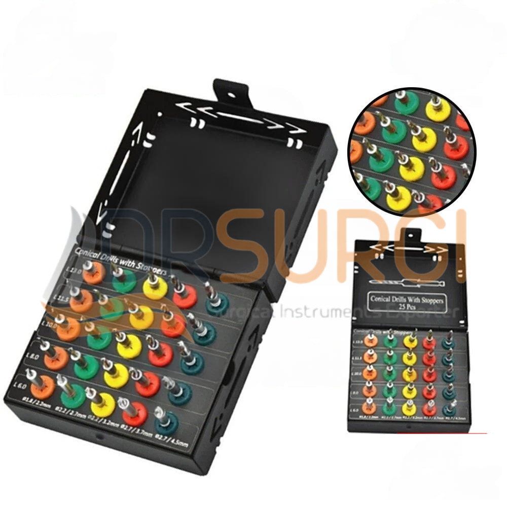 Dental Conical Drills Surgical Black Coated Kit 25 Pcs With Stopper Set.