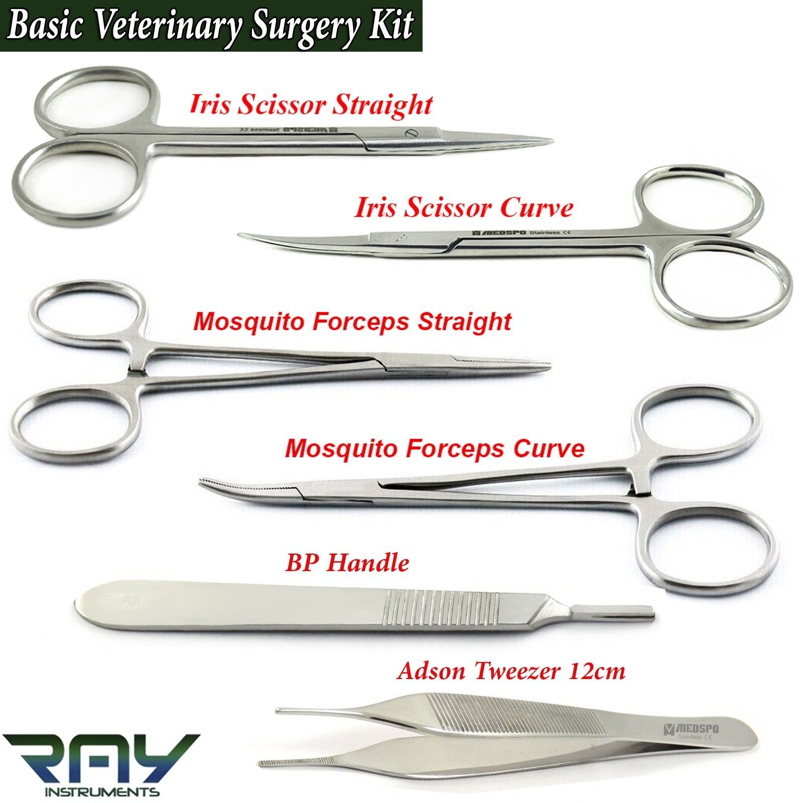 6 Pcs Small Animals Surgery Instruments Hemostat Forceps Scissors BP Handle
