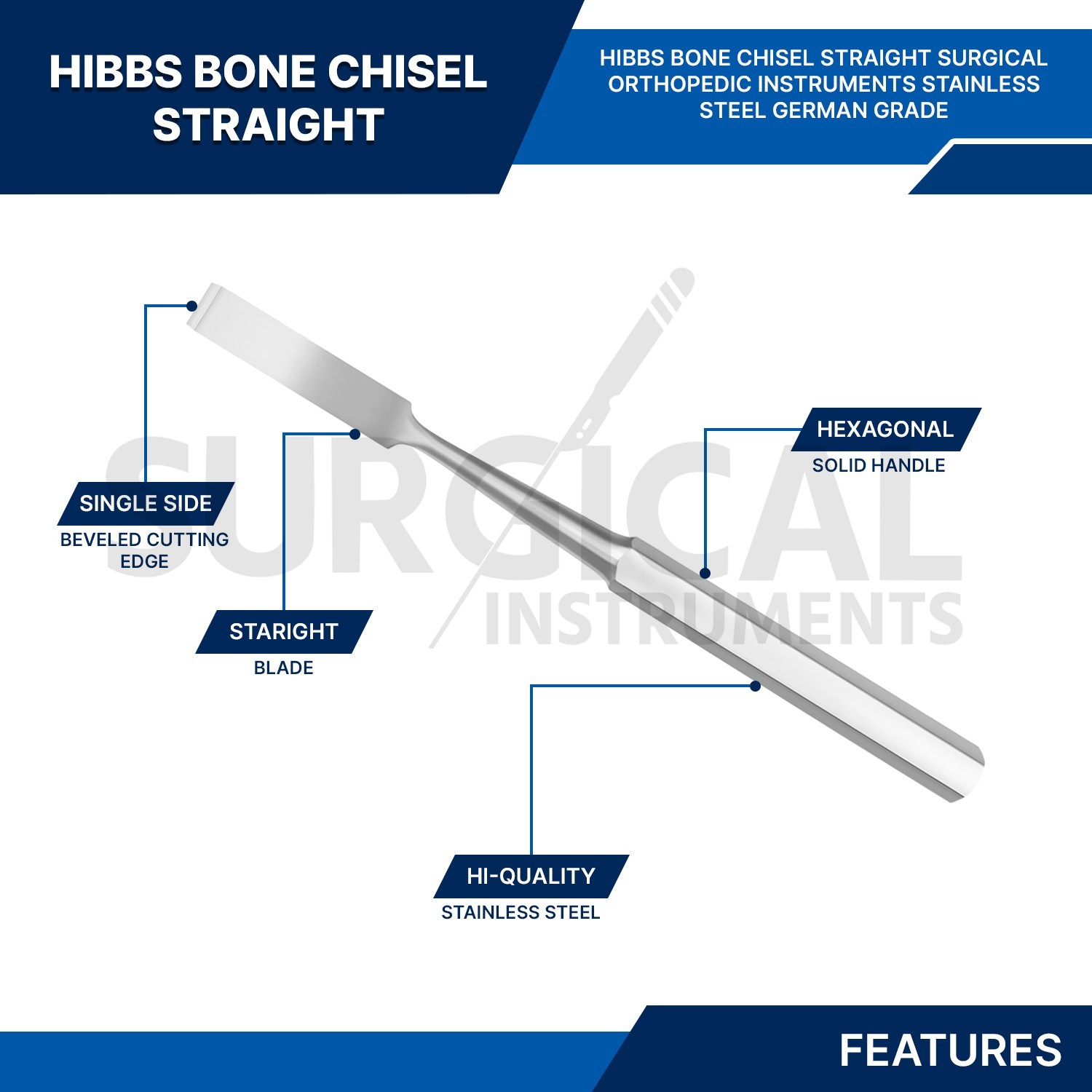 HIBBS Chisel 9″ with 3/8″ (0.95cm) Straight Blade Orthopedic Instrument German G