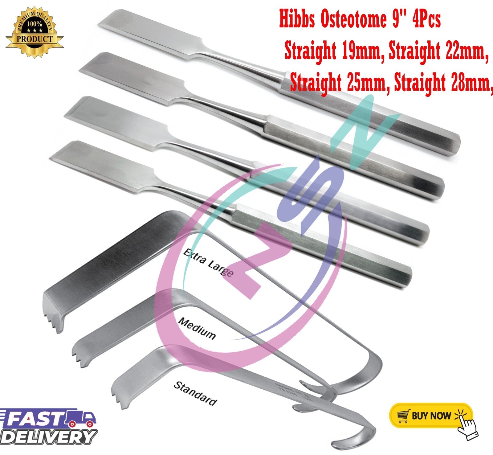 4Pcs Set of Hibbs Osteotomes 9″ Straight/3Pcs Hibbs Retractors surgical orthopah