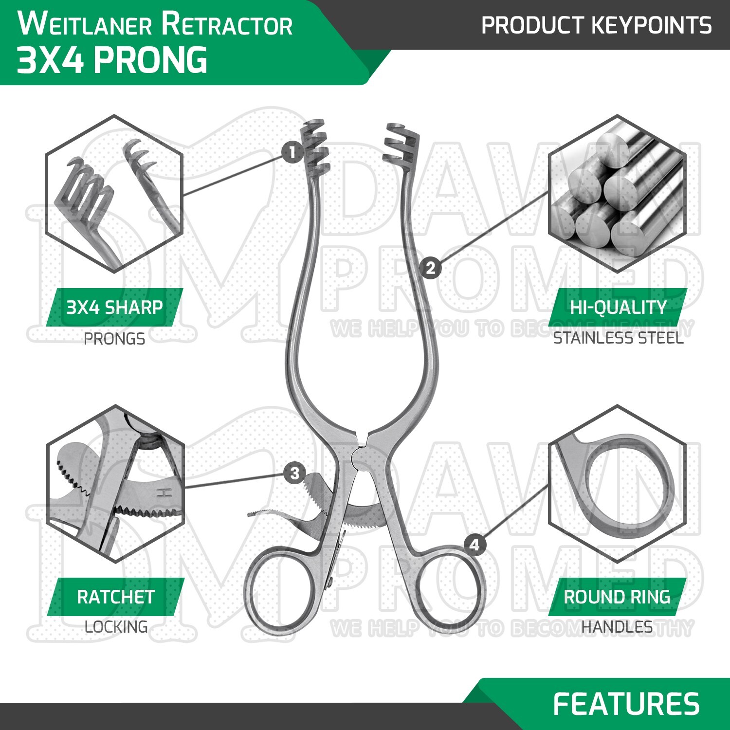 Weitlaner Retractor 8″ 3×4 Prong Sharp Surgical Veterinary Instrument German Gr